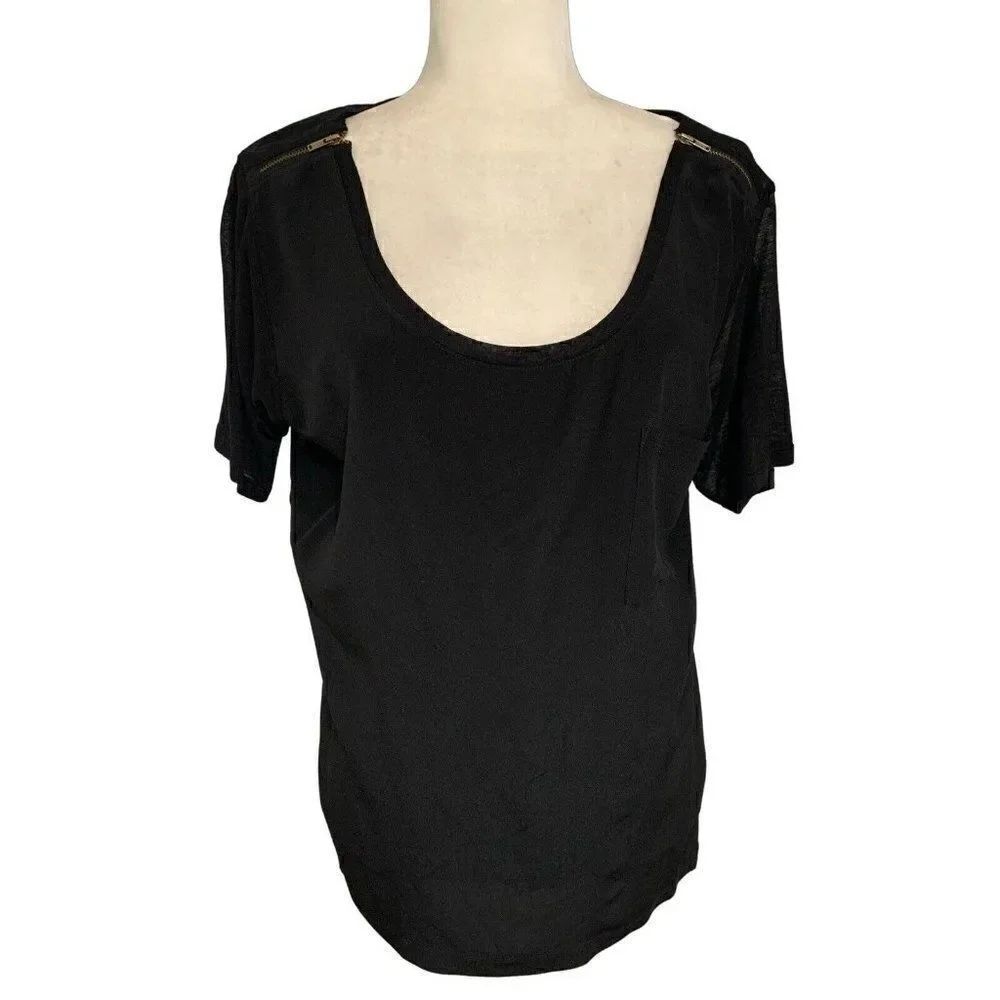 Club Monaco Womens Black Short Sleeve Zipper Silk Wool Top Large